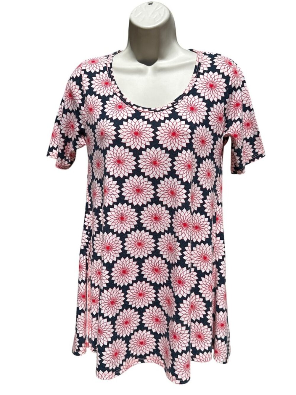 LuLaRoe XS Navy White Red Nicole Floral Fit And Flare Circle Skirt Dress Stretch